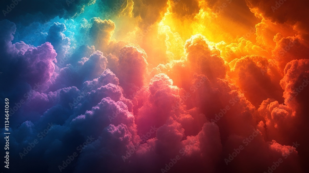 Poster a vibrant display of colorful clouds illuminated by light, creating a surreal atmosphere.