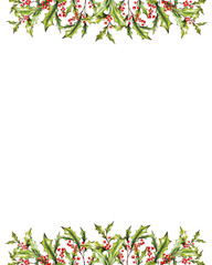 Watercolor Christmas botanical frame, border, branches, leaves, red berries. New Year card template, copy space. Hand painted holiday composition plants . Illustration for design, print, background.