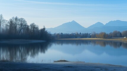 朝靄に包まれた晩秋の湖、自然の風景