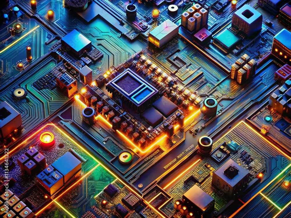 Poster aerial view of complex electronic circuitry with vibrant colors and intricate patterns highlighting 
