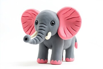 Clay gray elephant with pink ears isolated on white. Cute figurine