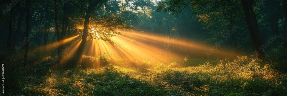 Poster a serene forest scene with sunlight streaming through trees, creating a tranquil atmosphere.