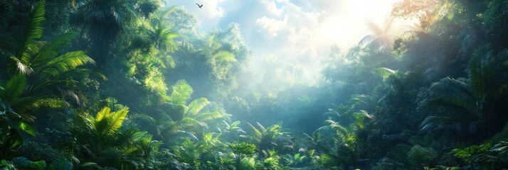 Fototapeta premium Lush jungle landscape with vibrant greenery and soft light filtering through the canopy.