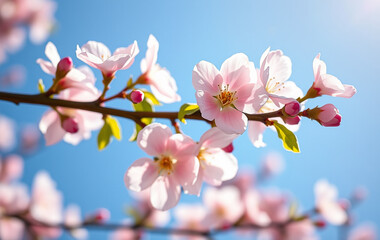 Fresh sakura branch close-up: A delicate close-up of a sakura branch adorned with freshly bloomed cherry blossoms in soft pink hues, their petals dewy and vibrant