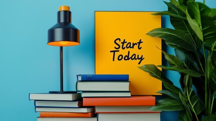 Inspiring workspace with books and motivational quote