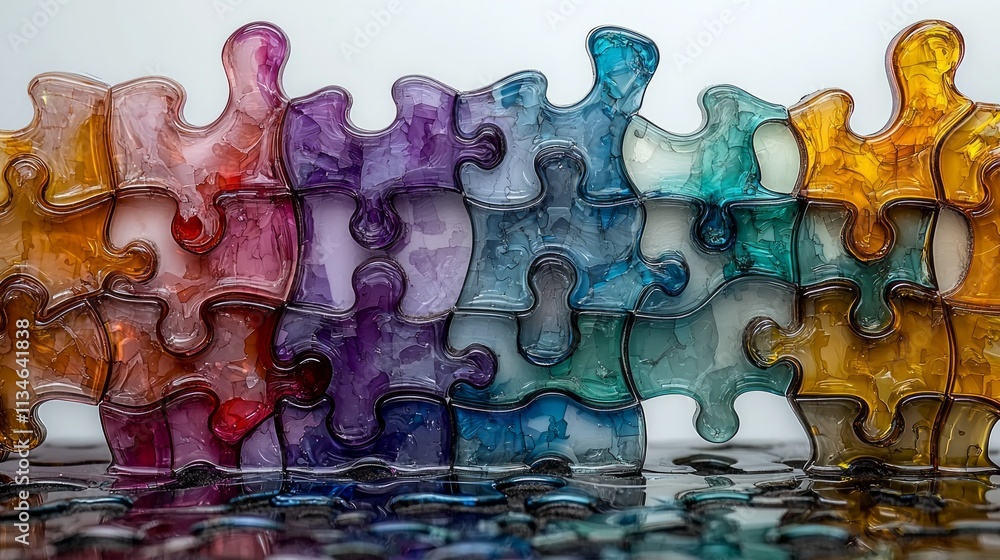 Poster puzzle pieces intertwine vibrant colors and painterly strokes on soft white background creating sens