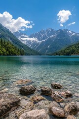 Obraz premium Crystal Clear Lake Nestled Among Majestic Mountains