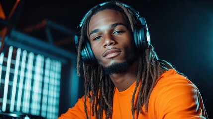 A smiling DJ with long dreadlocks and headphones stands beside professional DJ equipment, wearing...