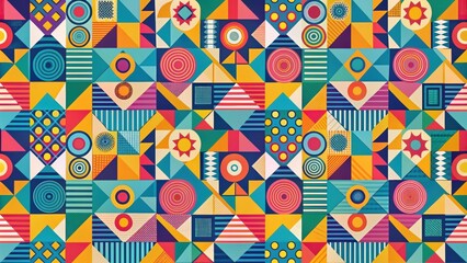 Fototapeta premium Abstract geometric shapes in a seamless pop and colorful pattern , vibrant, modern, design, digital, background, texture