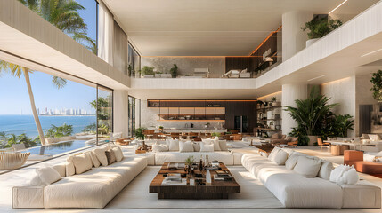 Fototapeta premium Luxurious beachfront mansion interior design; open-plan living space with ocean view, modern minimalist aesthetic.
