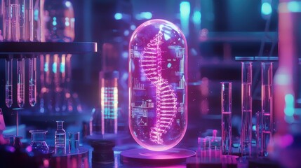 Innovative genetic research experiment laboratory digital art neon environment futuristic concept