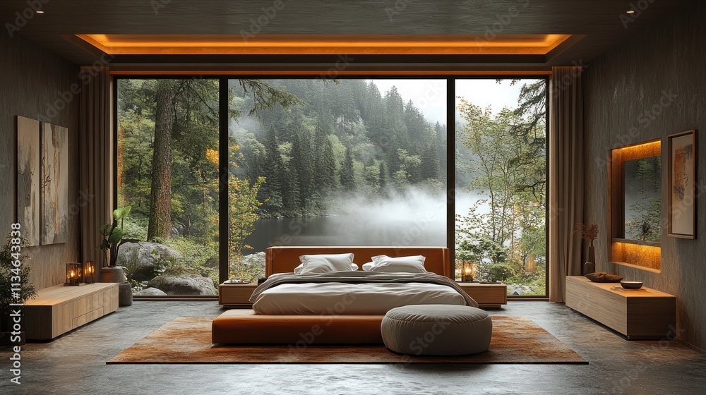 Poster a serene bedroom with large windows showcasing a misty lake and forest view.