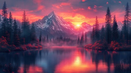 Fototapeta premium A serene sunset over mountains and a reflective lake, surrounded by lush forests.