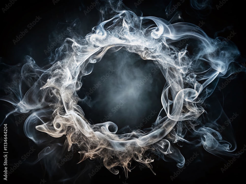 Poster aerial view of ethereal smoke circle on a dark background, capturing the intricate swirls and patter