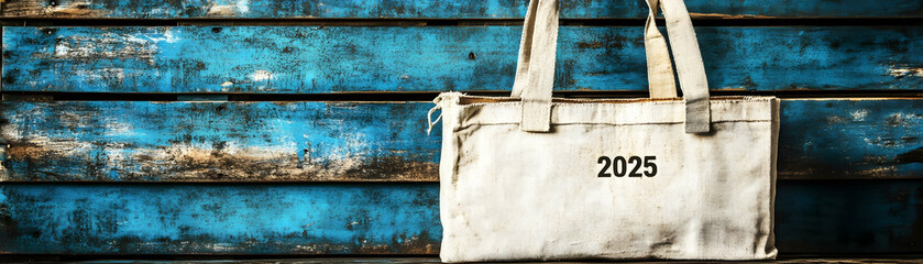 2025 Tote Bag on Blue Wood Background Illustration