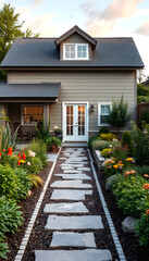 Fototapeta premium A beautiful backyard with a garden showcasing the outdoor space and natural beauty of a home for sale in photo realistic as beautiful backyard with garden concept, mindfulness theme, with white tones