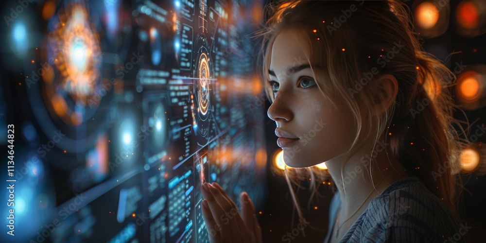 Aufkleber woman interacting with a glowing futuristic interface, exploring advanced data visuals and holograph