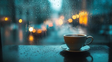 Obraz premium A steaming cup of coffee sits by a rain soaked window
