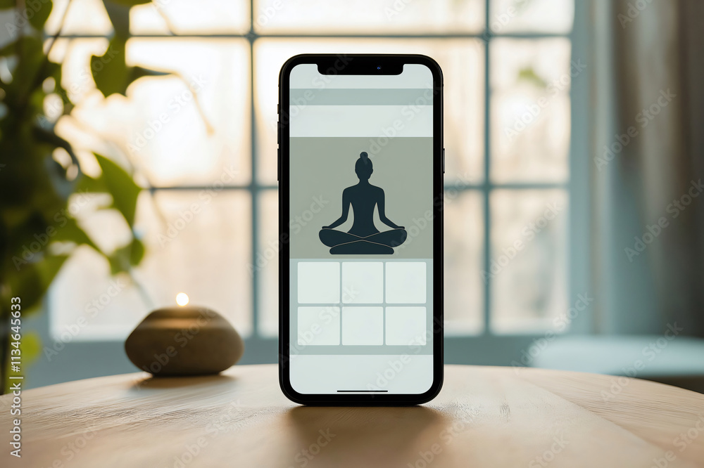 Poster serene smartphone with a meditation app on a table. creating a peaceful ambiance with candlelight fo