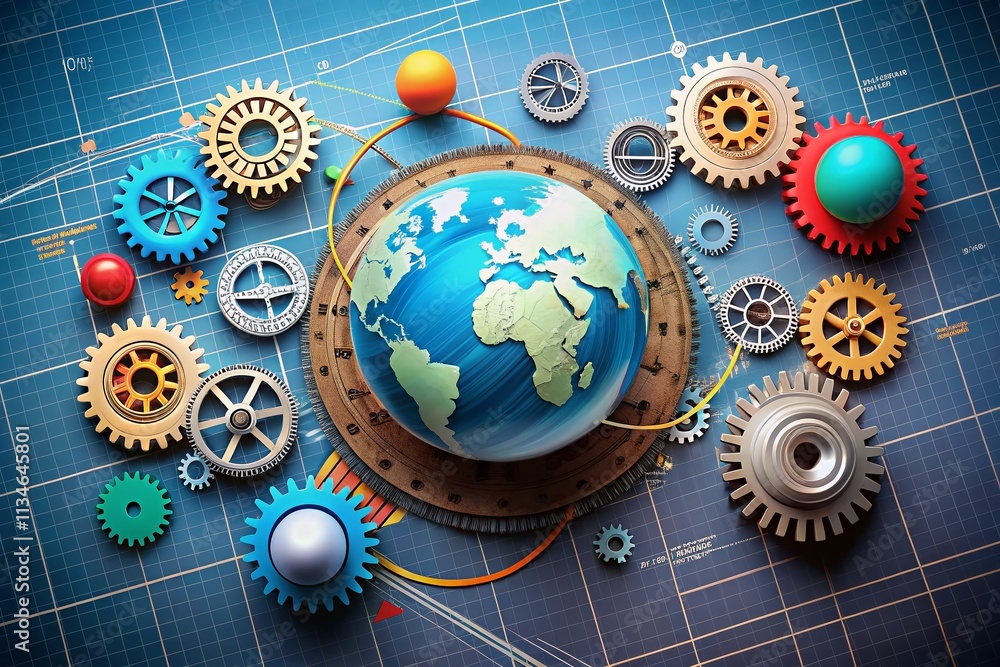 Poster aerial view of gear wheel style chart template with globe inside, perfect for business analytics and
