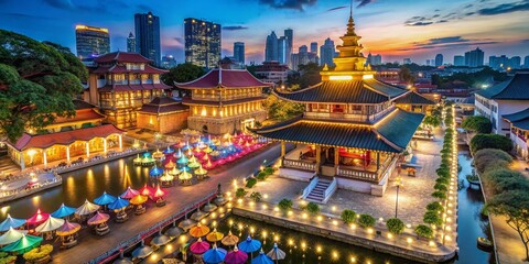 Fototapeta premium Aerial View of Gangaramaya Buddhist Temple Illuminated During Vesak Festival Celebrations, Capturing the Vibrant Lights and Decorations in Colombo, Sri Lanka's Spiritual Heart