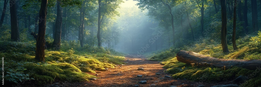 Poster a serene forest path illuminated by soft light, inviting exploration and tranquility.