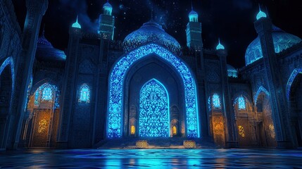 Digital artwork of samarkand's historic mosque nighttime illumination & ethereal beauty