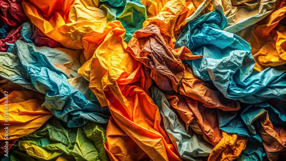Poster aerial view of heavily crumpled paper texture, top down scan capturing intricate details and pattern