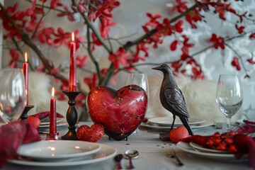 Romantic valentine's day table with heart and candles - Powered by Adobe