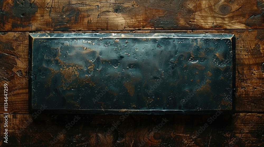 Poster a rectangular metal object with a textured surface resting on a wooden table.