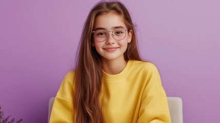 Fototapeta premium Happy Little Girl in Yellow Sweater on Purple Background