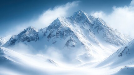 A serene winter landscape featuring majestic snow-covered mountains under a clear blue sky.