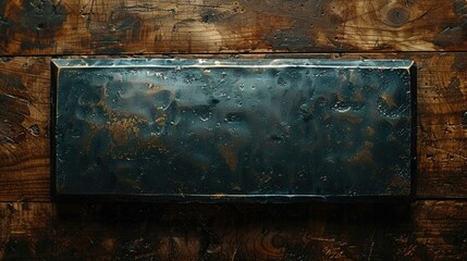 A rectangular metal object with a textured surface resting on a wooden table.