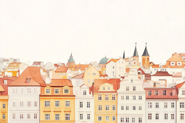 Minimal Prague City landscape, background of traditional Burnt Orange, yellow and white neighborhood buildings, graphic art