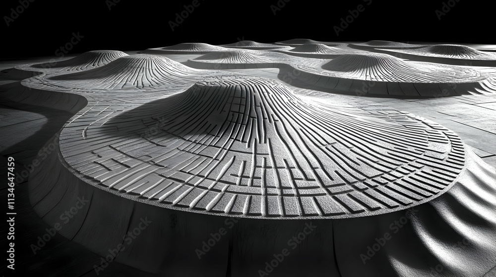 Poster Abstract grayscale model of undulating landscape with textured surface.