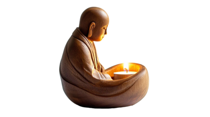 Wooden Buddhist monk candle holder for home decoration isolated on transparent white background