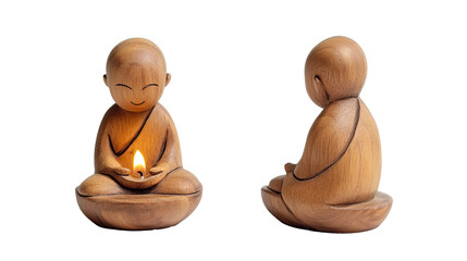 Wooden Buddhist monk candle holder for home decoration isolated on transparent white background