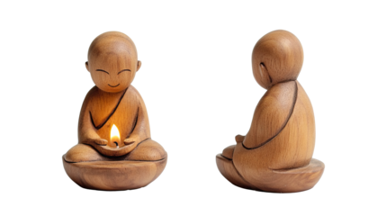 Wooden Buddhist monk candle holder for home decoration isolated on transparent white background