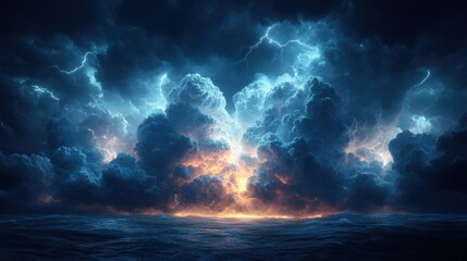 Fototapeta premium A dramatic sky filled with dark clouds and lightning over a turbulent ocean at sunset.