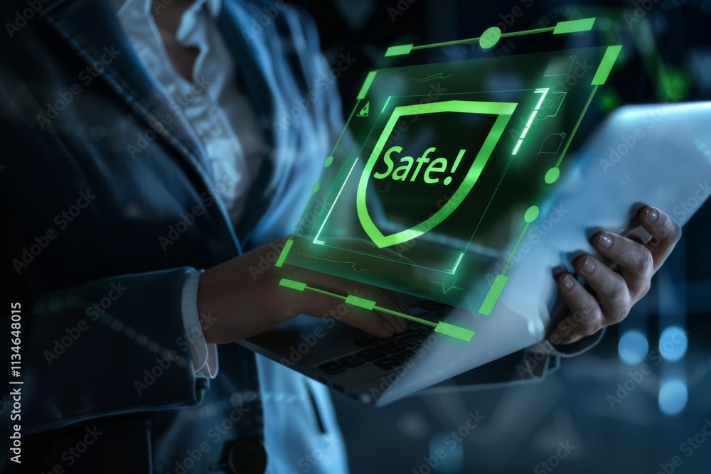 Poster business professional using laptop with digital safe security overlay, symbolizing data protection a