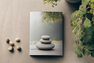 Brochure mockup is displaying a serene image of stacked stones promoting a meditation retreat