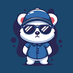 Cute cartoon panda bear in sunglasses and cap. Vector illustration.