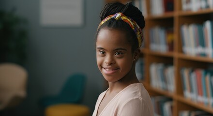 Teenage african american female in library setting for educational diversity theme