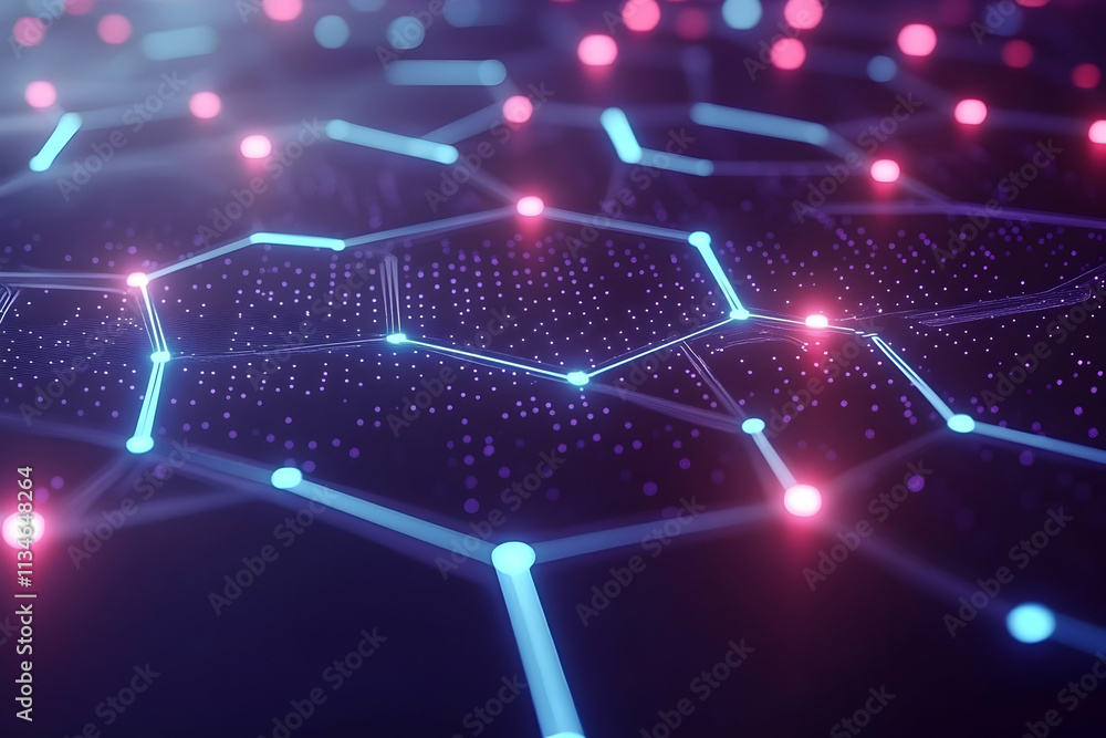 Poster abstract hexagonal network with glowing nodes and connections.