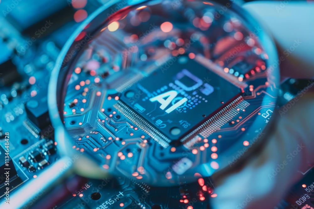 Aufkleber close-up view of microchip with ai marking under magnifying glass, showcasing advanced technology an