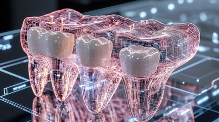 3D Digital Teeth Model Wireframe on Technology Background, Digital Dentistry Concept