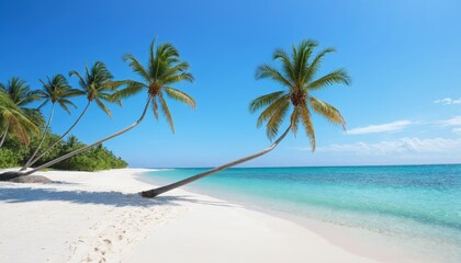 Obraz premium White sandy beach with gently swaying palm trees and turquoise waves under a bright, cloudless sky
