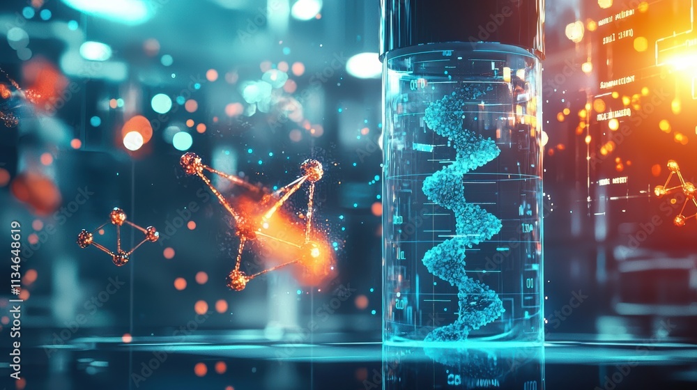 Poster innovative science experiment with dna in high-tech laboratory environment futuristic visuals