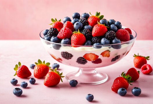 Delicious berry parfait with cream in a glass bowl