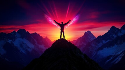 Silhouetted figure with wings against a vibrant sunset